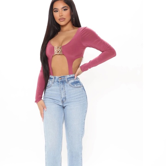 New Fashion Nova Plum Pink Gold Accent Cut Out Bodysuit Top XL - Picture 2 of 6